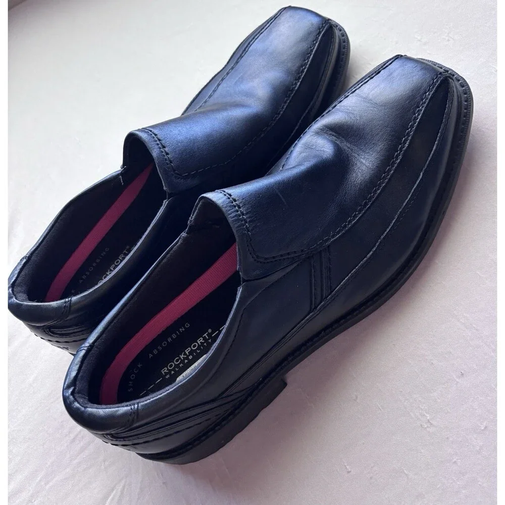 Men's Rockport Bike Toe Slip On Black Leather Dress Shoe 10.5